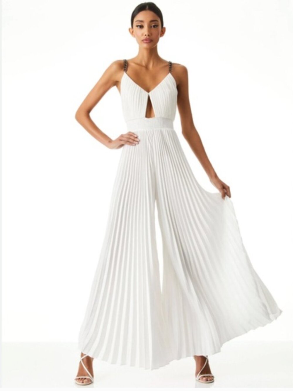 Alice + Olivia Gloria Chain Strap Jumpsuit Pleated Wide Leg Dressy 8 MEDIUM